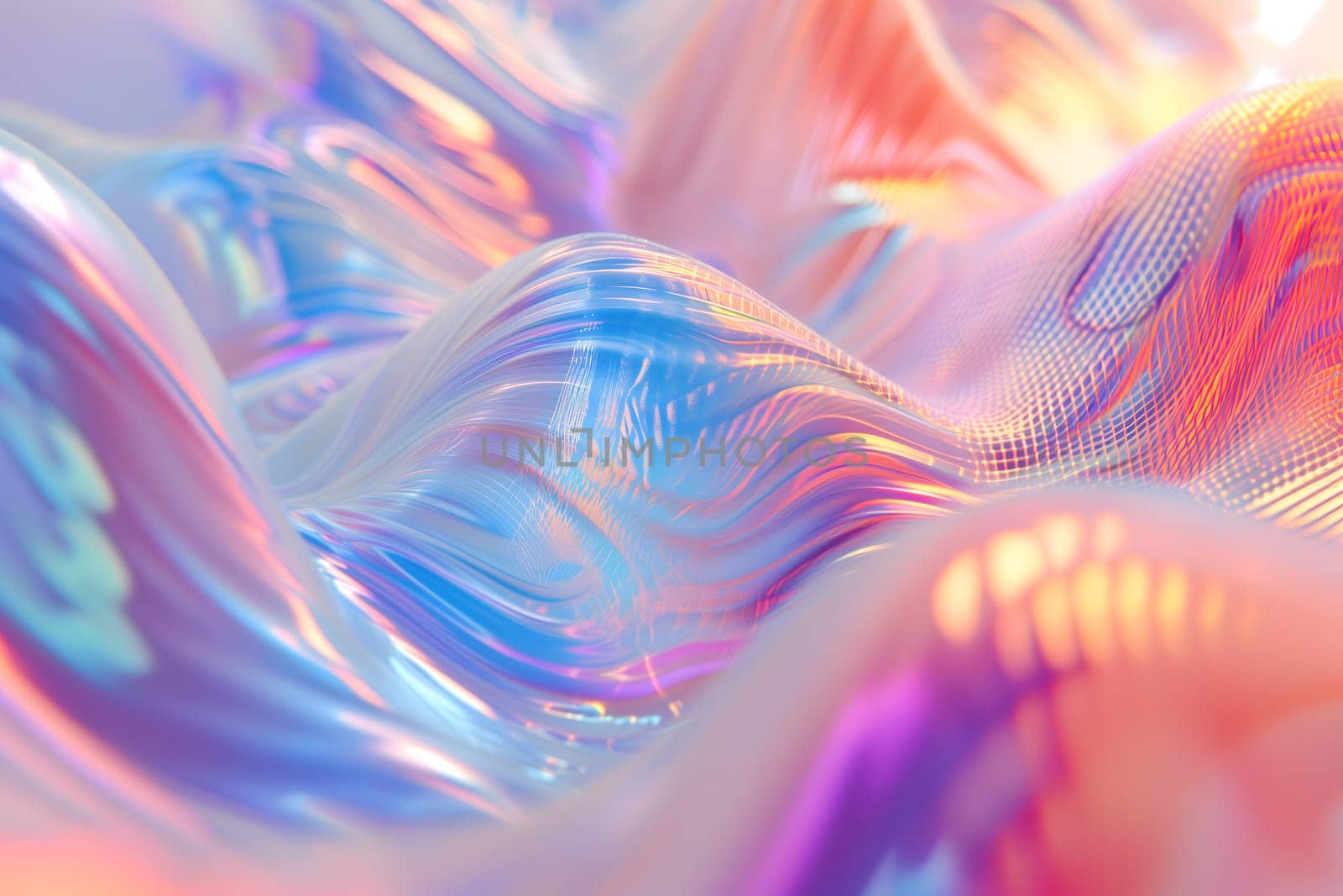 Colorful bright dreamy holo glass bubbles and waves background and wallpaper. Neural network generated in January 2024. Not based on any actual scene or pattern.