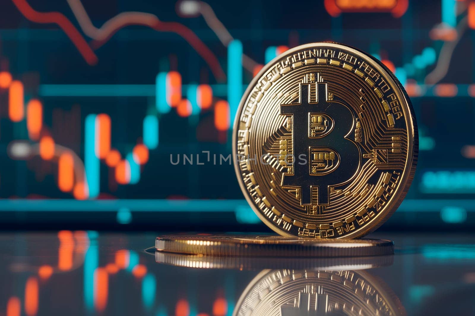 Bitcoin shiner in front of blurry trading charts screen. Dark appearance. Neural network generated image. Not based on any actual scene or pattern.