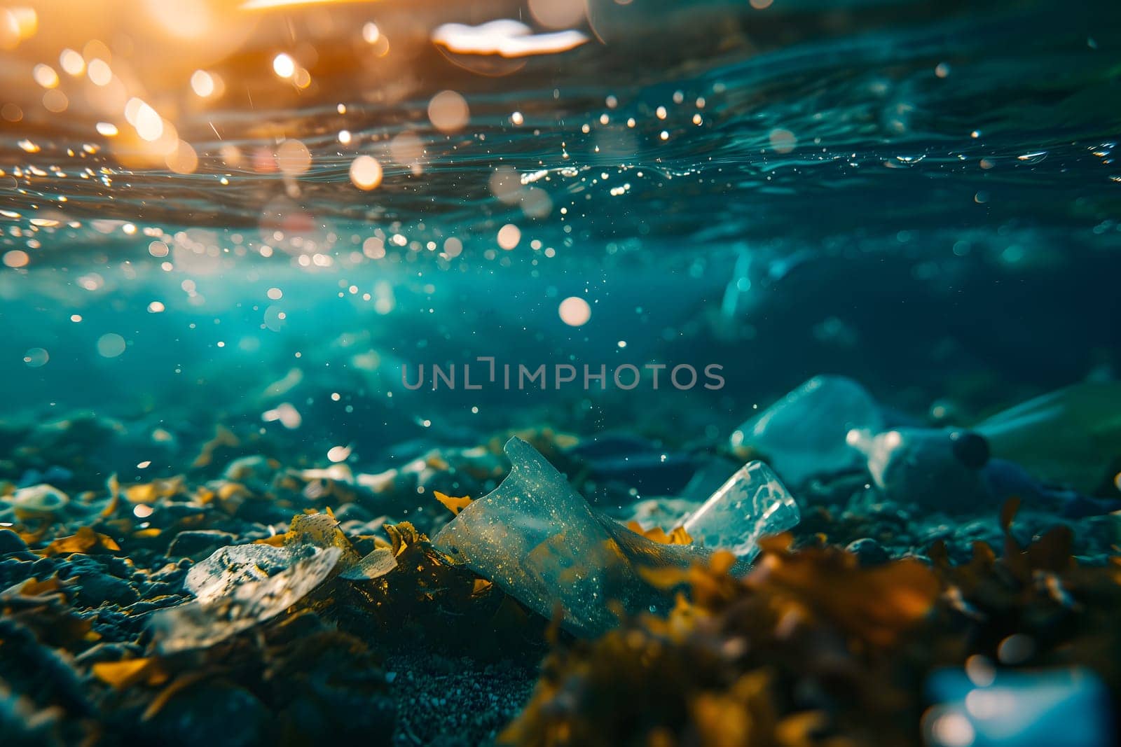 Plastic pollution in the ocean, garbage floating under water illuminated with sunlight. Neural network generated image. Not based on any actual scene or pattern.