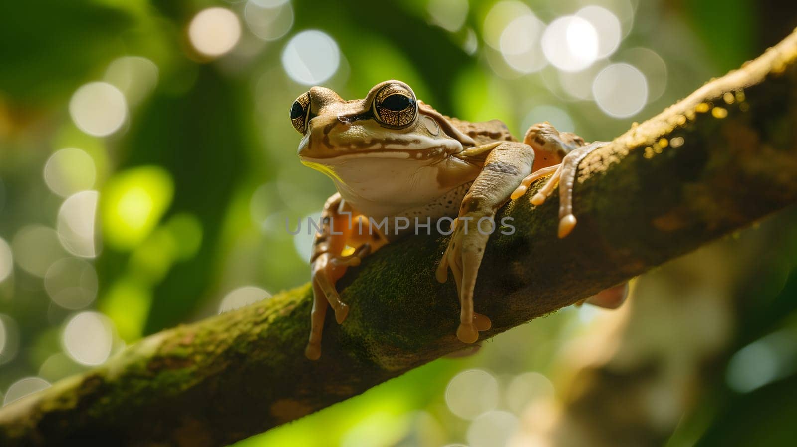 A frog resting on a tree branch in dense jungles. Neural network generated image. Not based on any actual scene or pattern.
