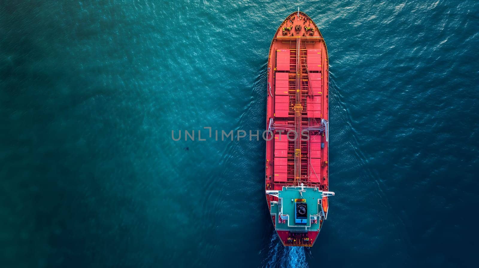 Cargo ship full of standard shipping containers at the sea during shipping at day time. Neural network generated image. Not based on any actual scene or pattern.