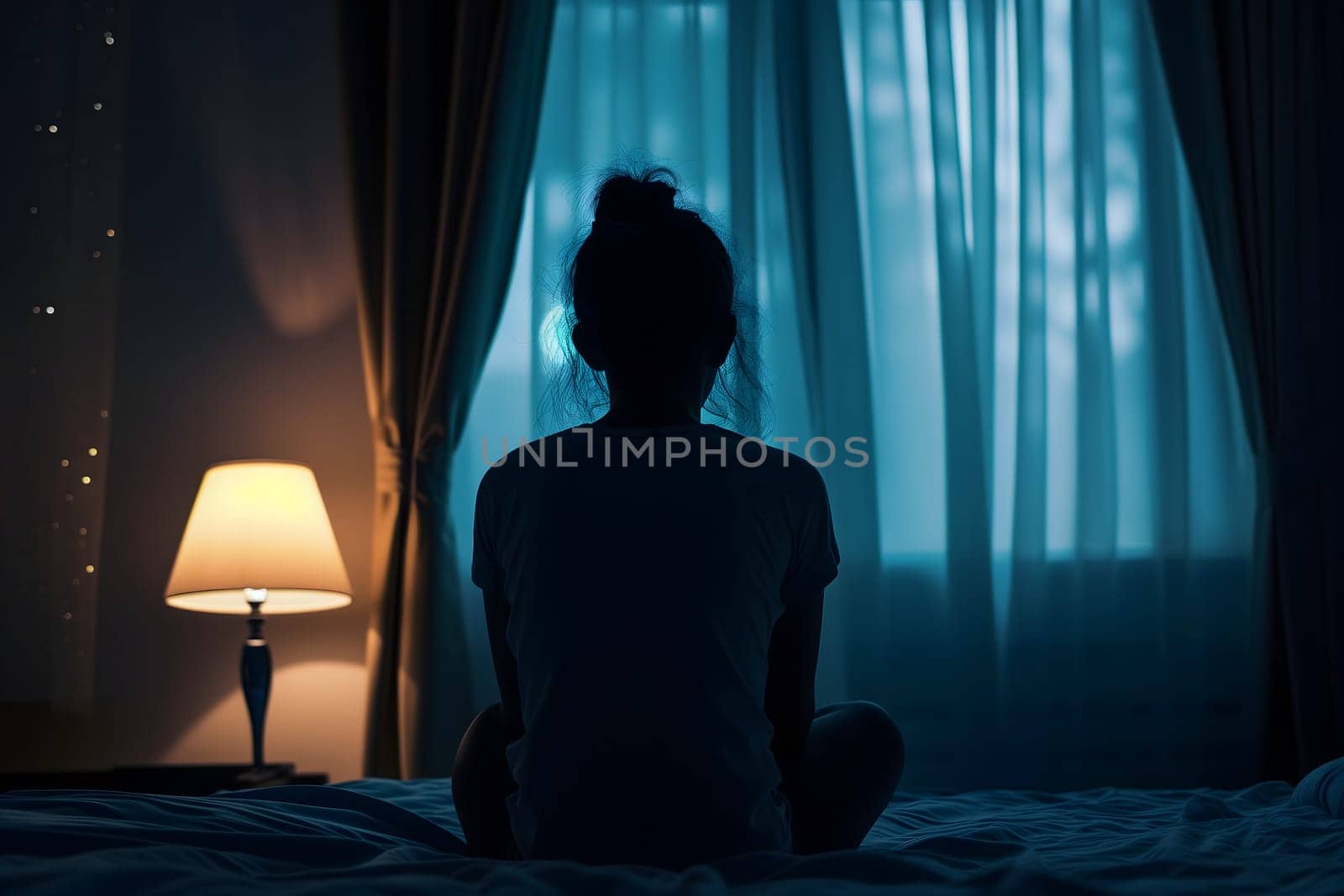Silhouette woman sitting on the bed in the dark room with lamp, Sad woman. Neural network generated image. Not based on any actual scene or pattern.