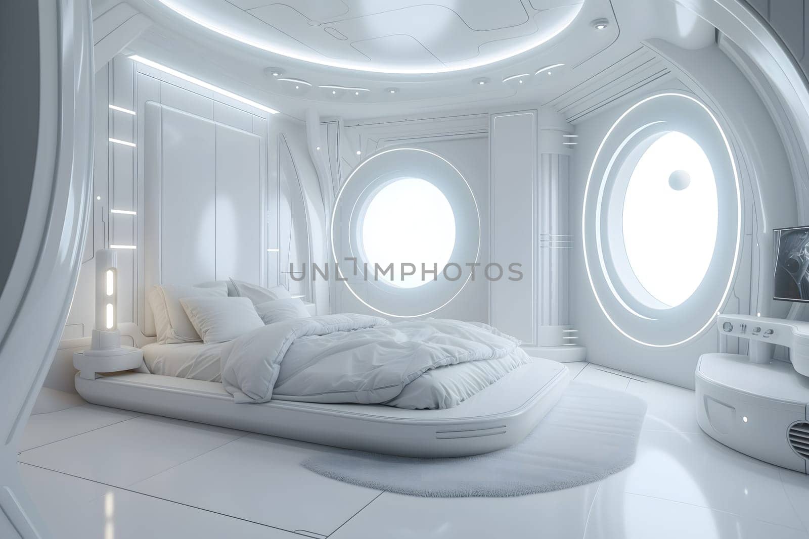 futuristic clean white space station style interior of bedroom. Neural network generated image. Not based on any actual scene or pattern.