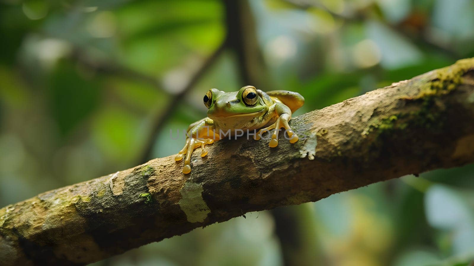 A frog resting on a tree branch in dense jungles. Neural network generated image. Not based on any actual scene or pattern.