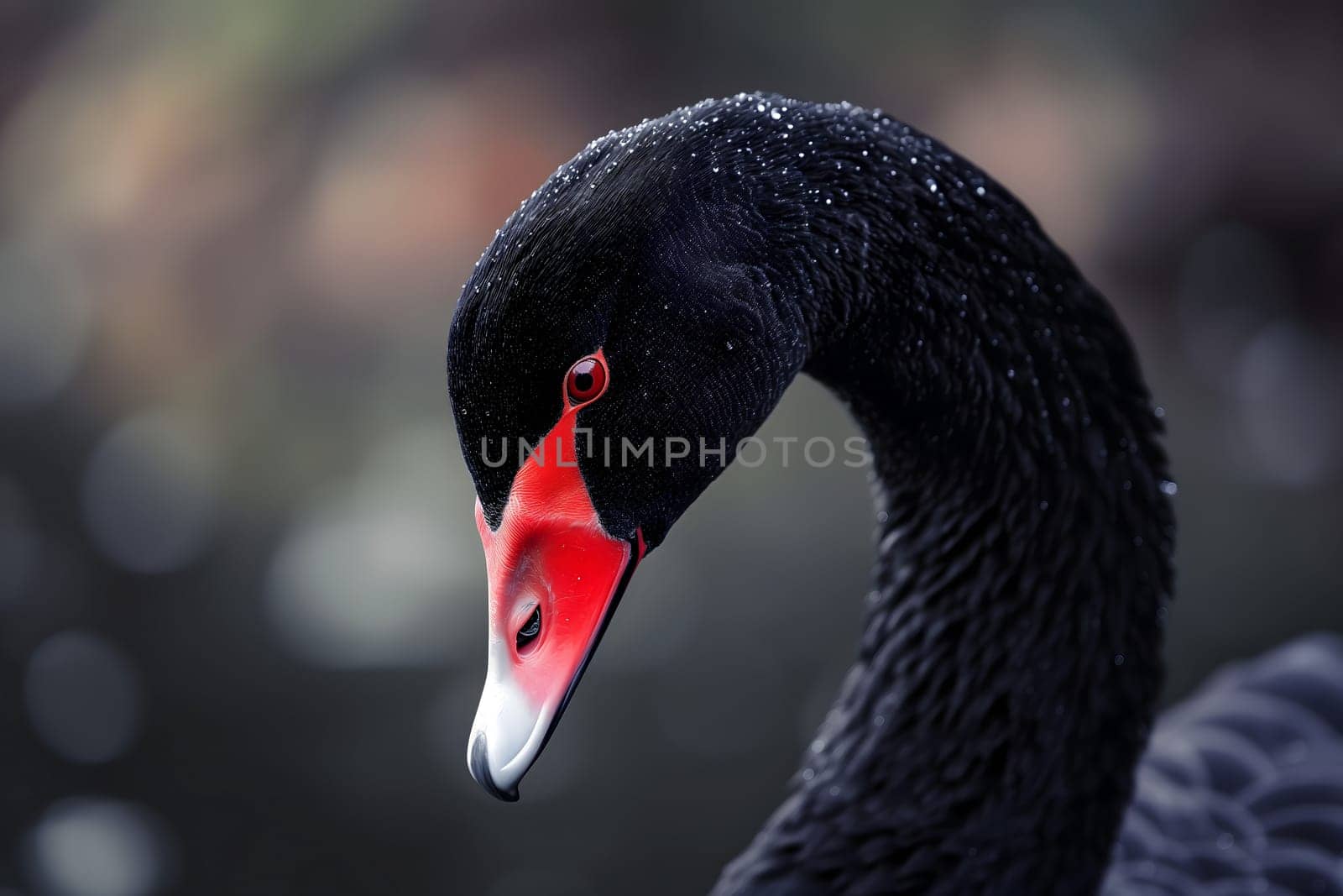 Black swan on water surface, close up. Neural network generated image. Not based on any actual scene or pattern.