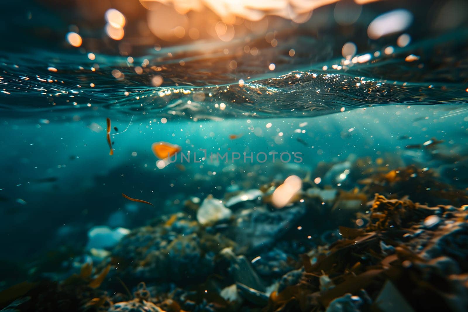 Plastic pollution in the ocean, garbage floating under water illuminated with sunlight. Neural network generated image. Not based on any actual scene or pattern.