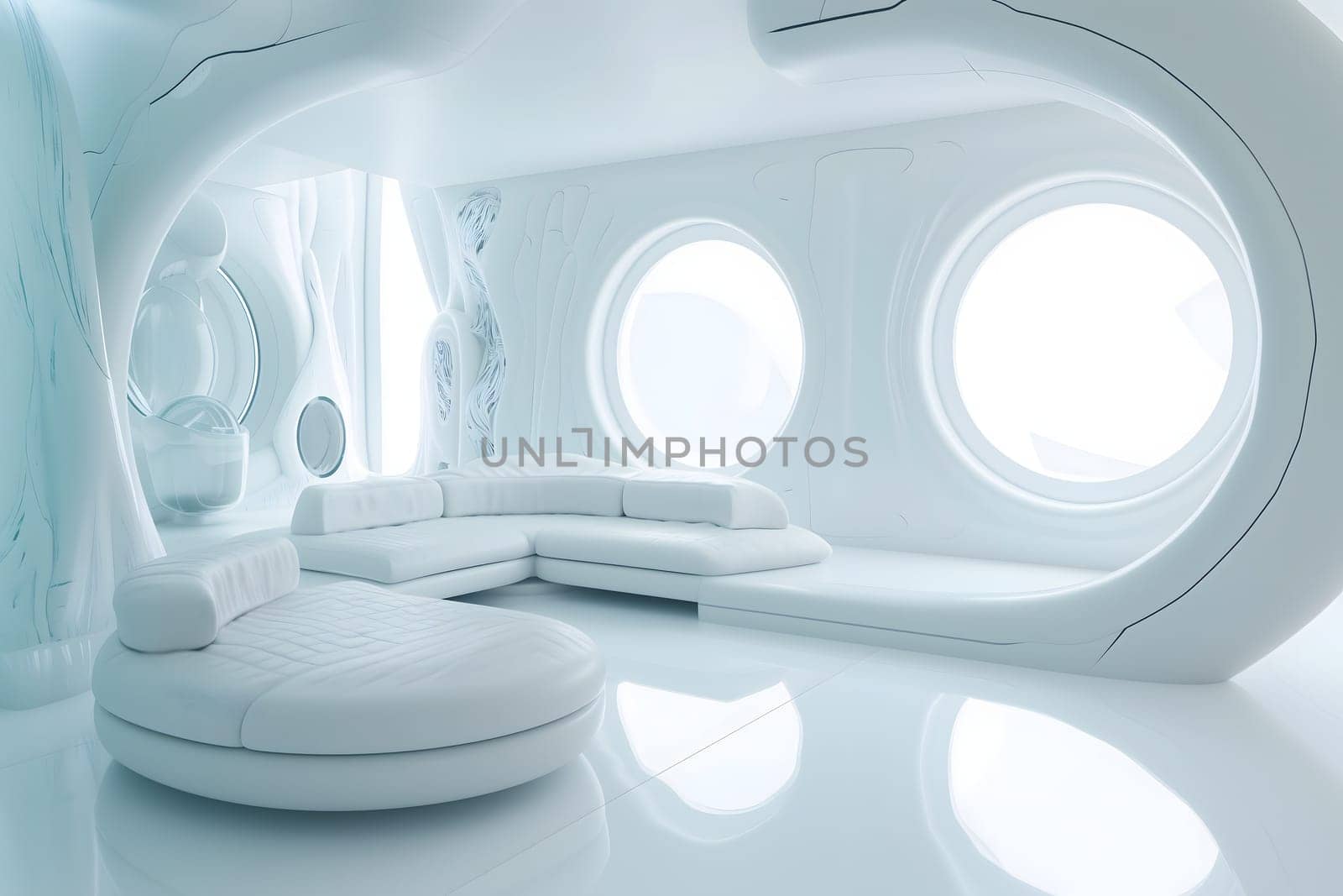 futuristic clean white space station style interior of living room. Neural network generated image. Not based on any actual scene or pattern.