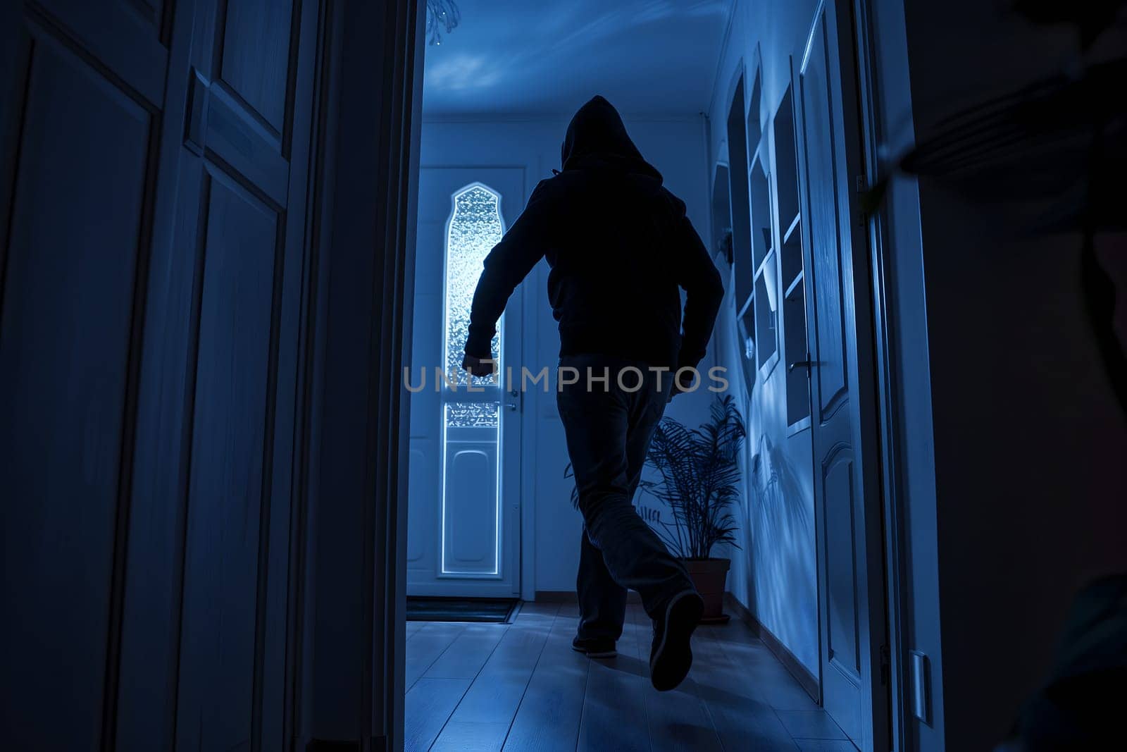 Thief in a house at night. Neural network generated image. Not based on any actual scene or pattern.