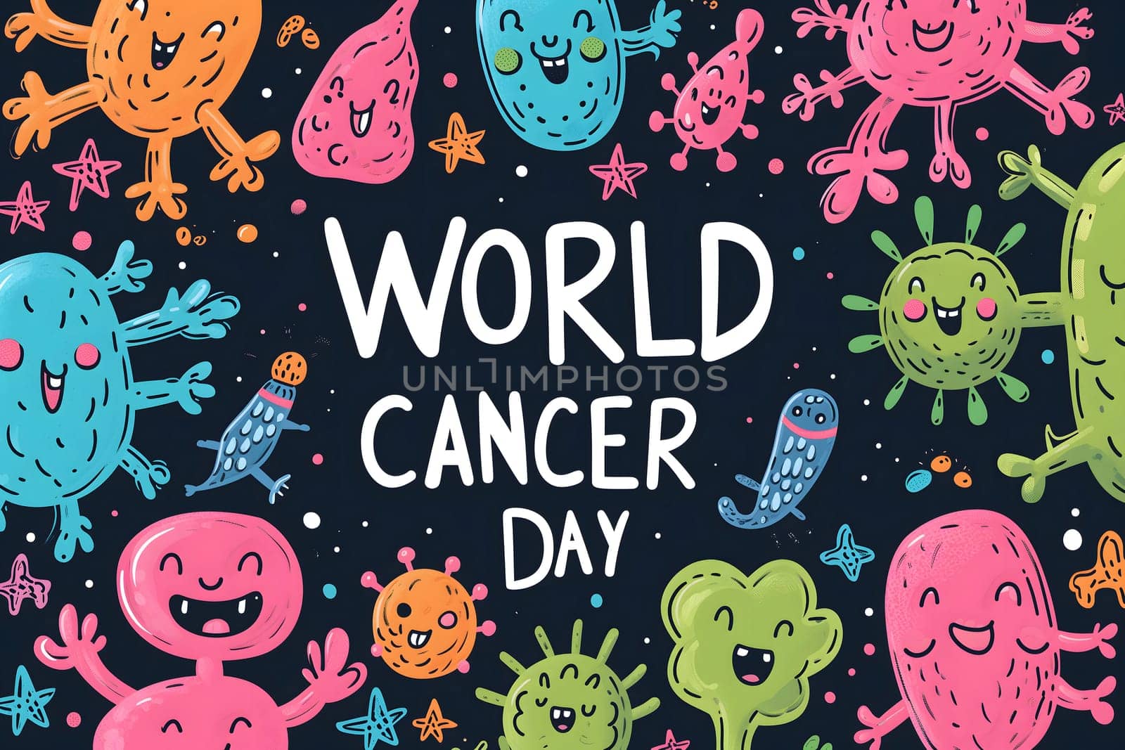 Simple cartoon world cancer day background with the inscription on it, surrounded with colorful happy tumors. Neural network generated image. Not based on any actual scene or pattern.