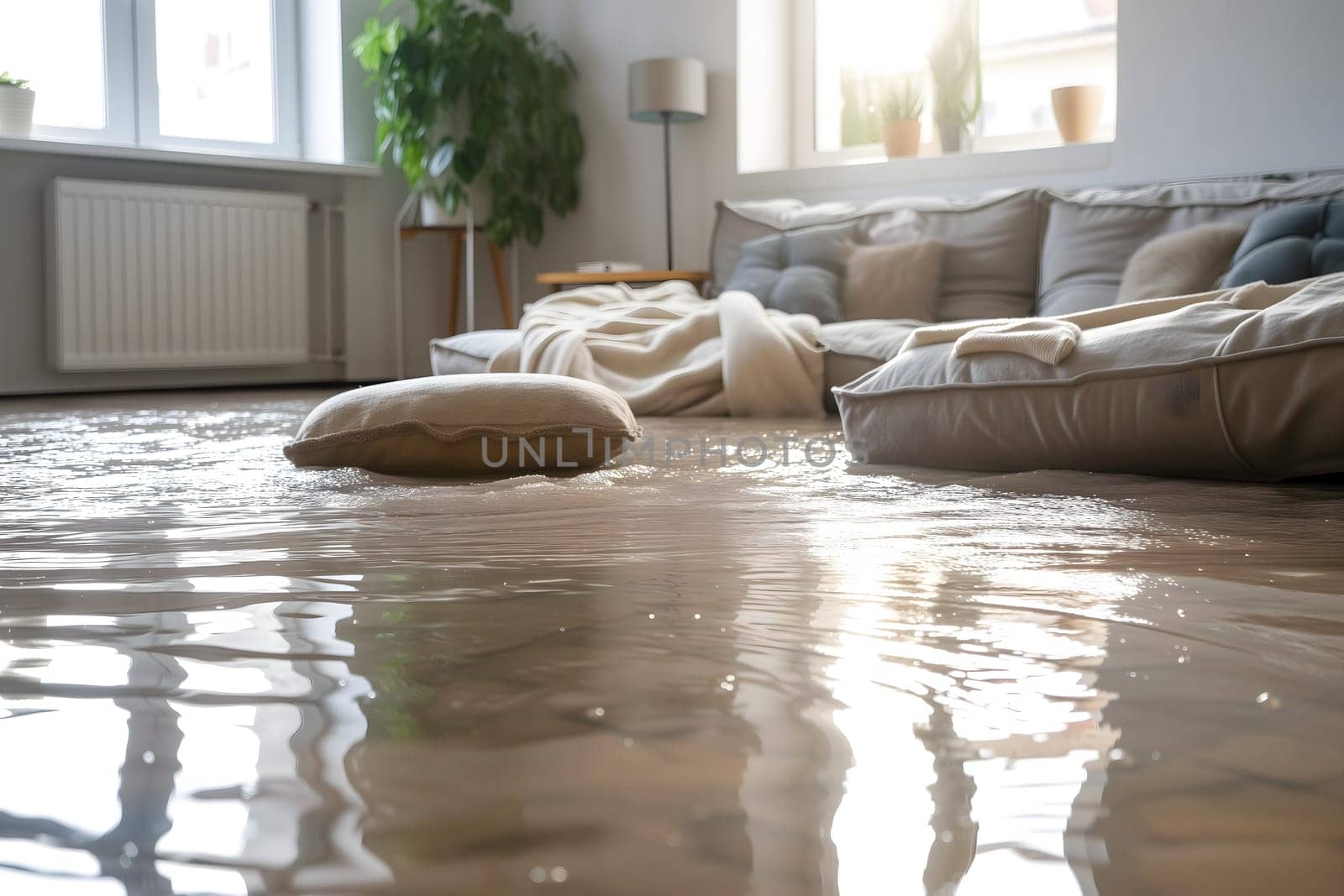 Home Floor Flooded, Showcasing Water Damage And Potential Issues. Neural network generated image. Not based on any actual scene or pattern.