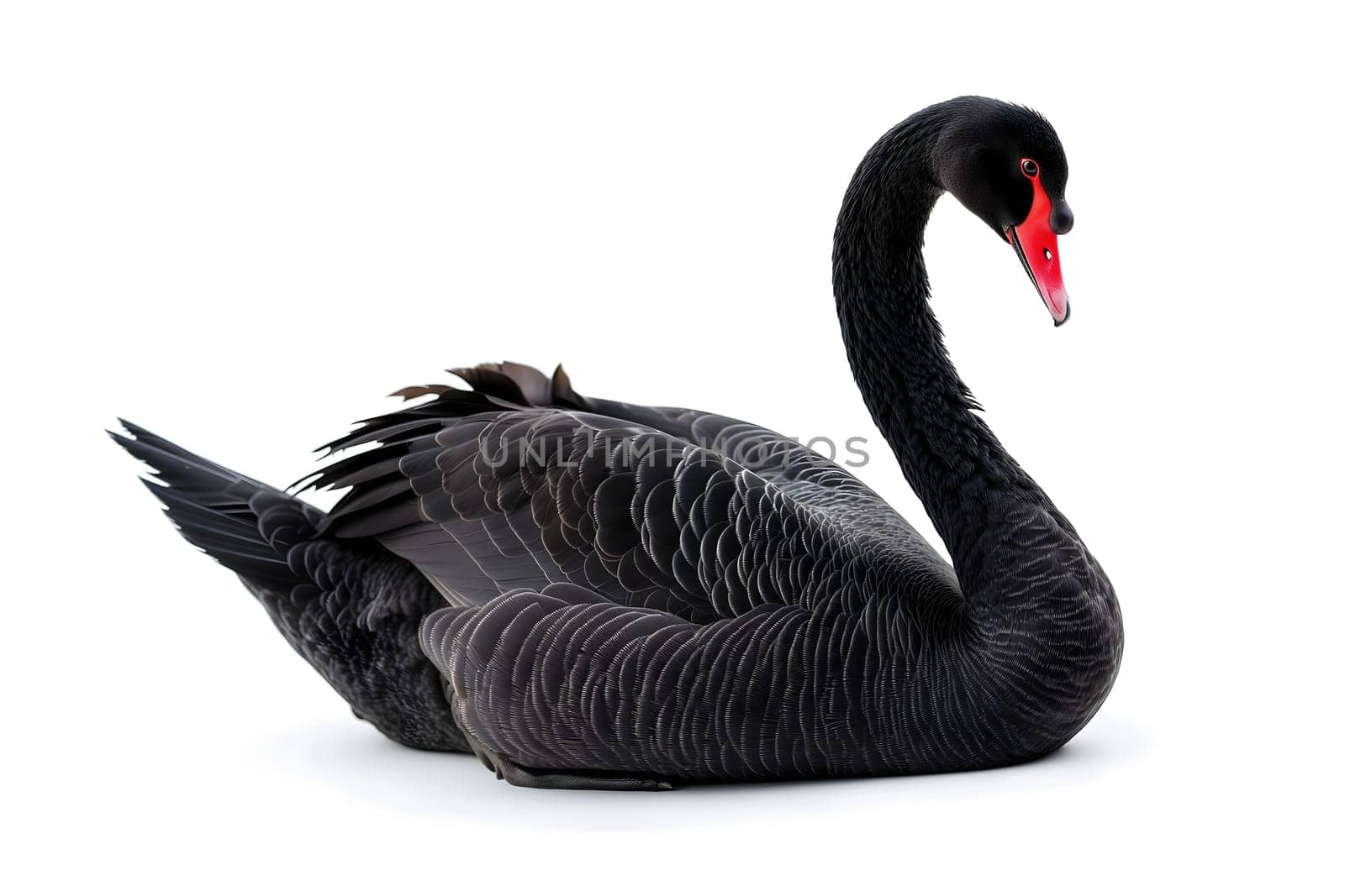 Black swan on white background. Neural network generated image. Not based on any actual scene or pattern.