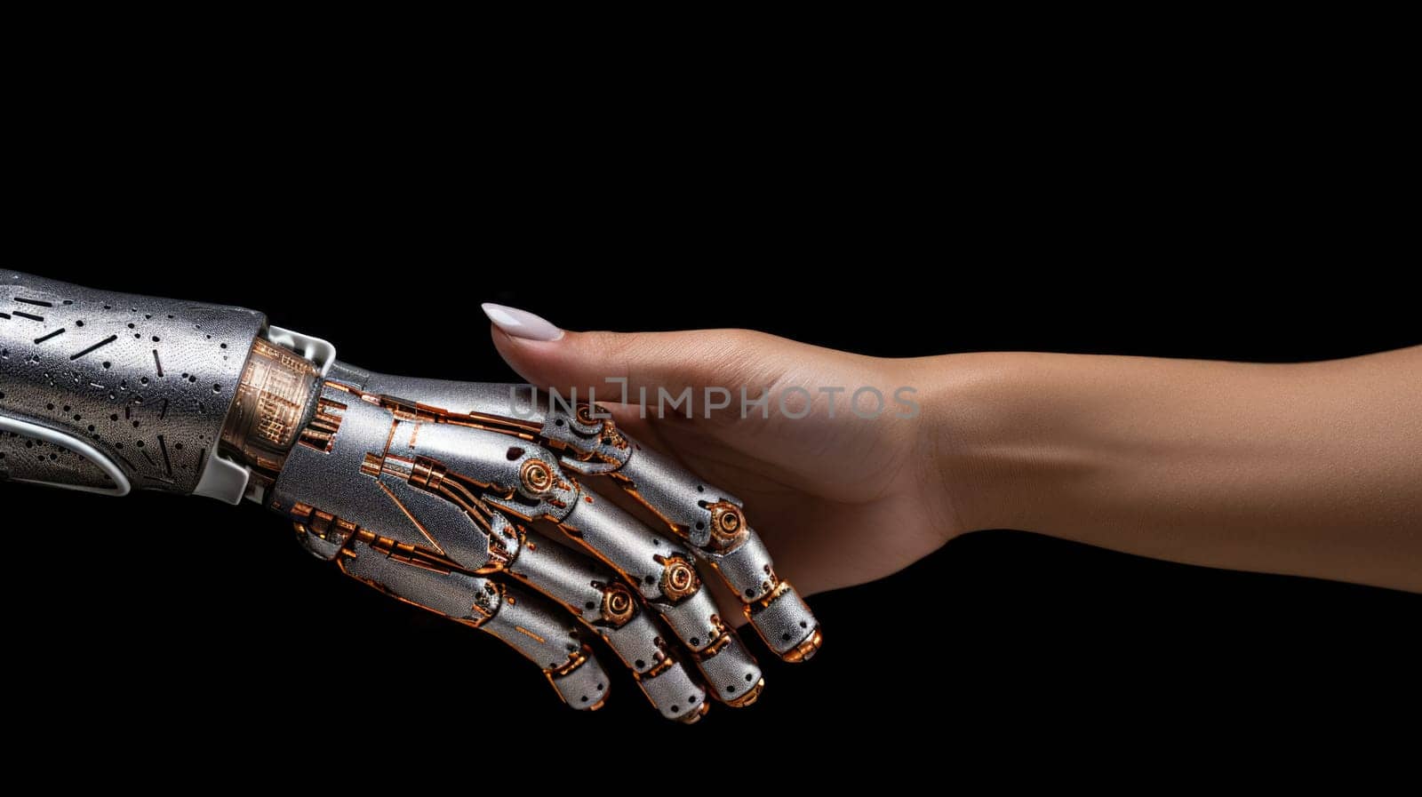 artificial intelligence and human hands doing handshake, ai