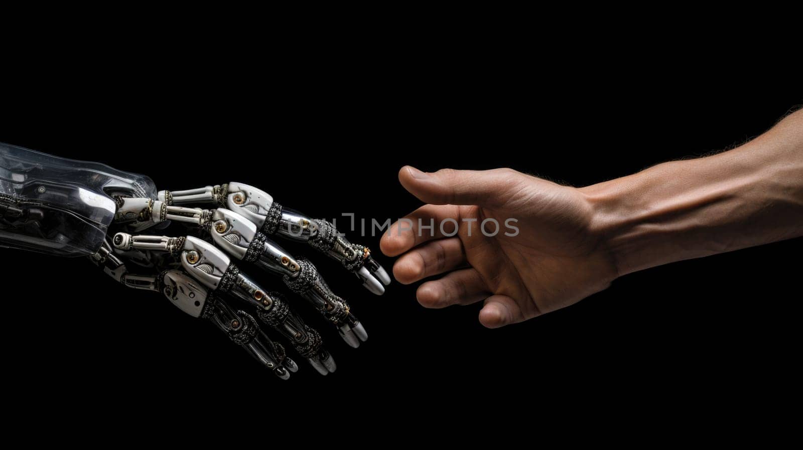 artificial intelligence and human hands doing handshake, ai