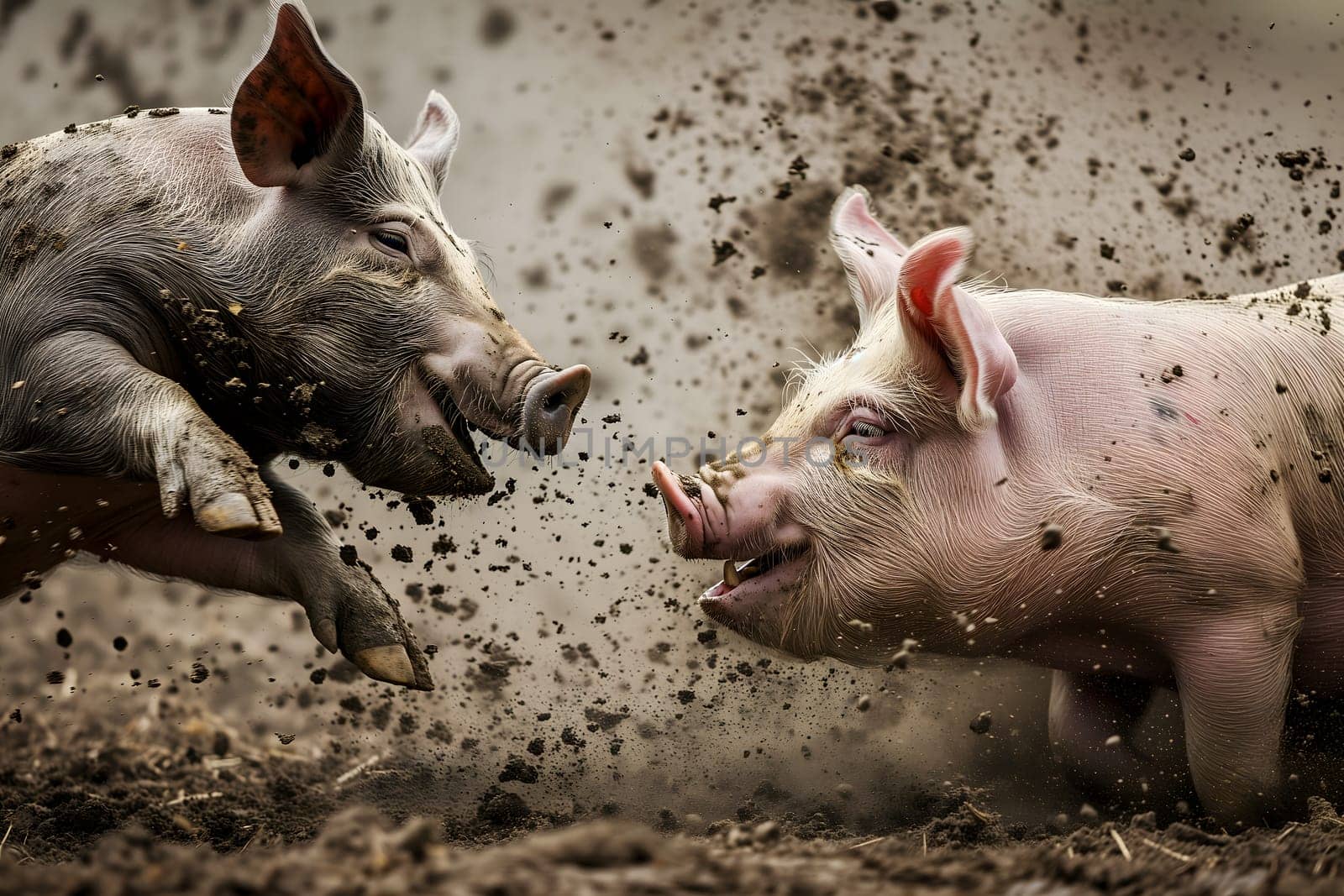 Two pigs running in a dirt at sunny day with splashes of mud. Neural network generated image. Not based on any actual scene or pattern.
