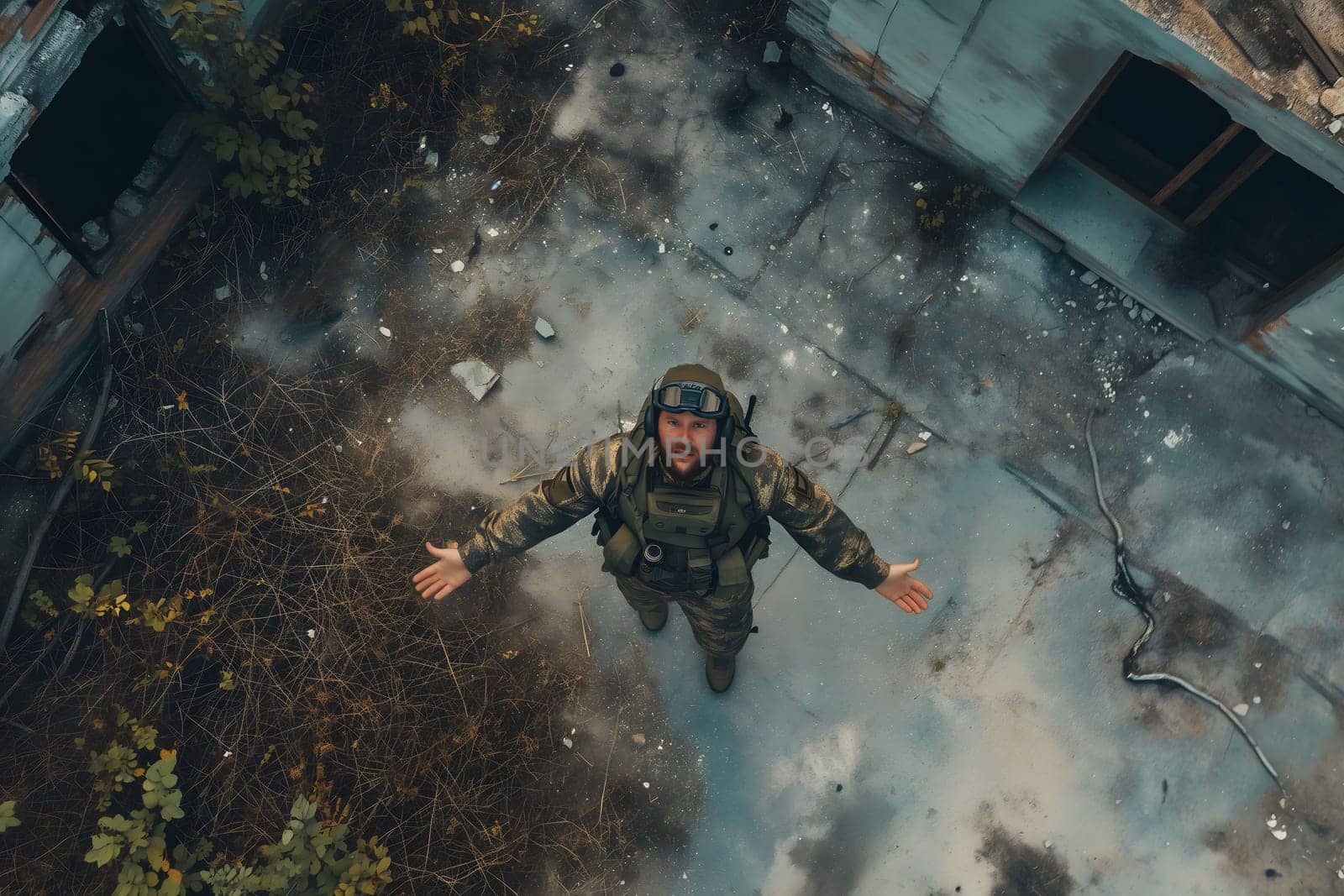 Soldier on the battlefield, view from above, drone point of view. Neural network generated image. Not based on any actual scene or pattern.
