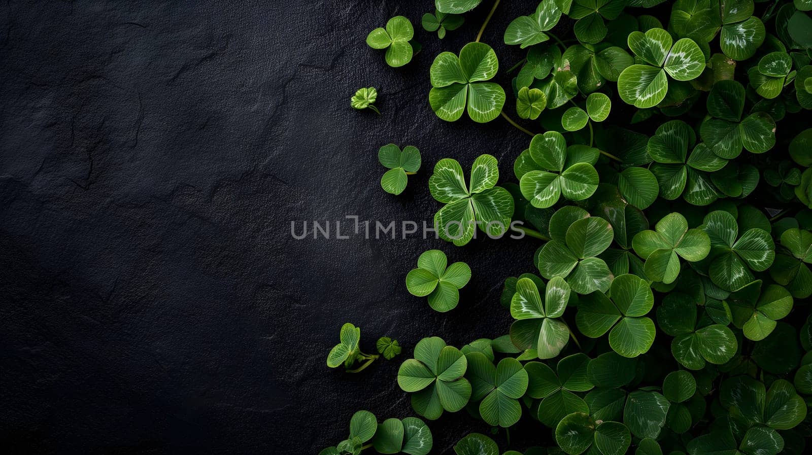 Clover with black background for St. Patricks day. Neural network generated image. Not based on any actual scene or pattern.