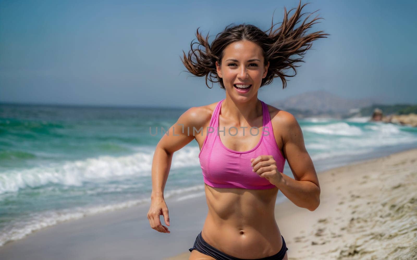 A fit young adult woman with a joyful expression runs along a sandy beach  her athletic figure and energetic posture embody a healthy lifestyle and the joy of summer.