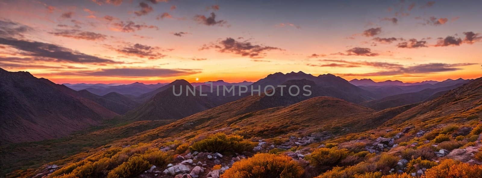 Rugged beauty of a mountain range at golden hour, with the sun setting in the background painting the sky in hues of orange and pink