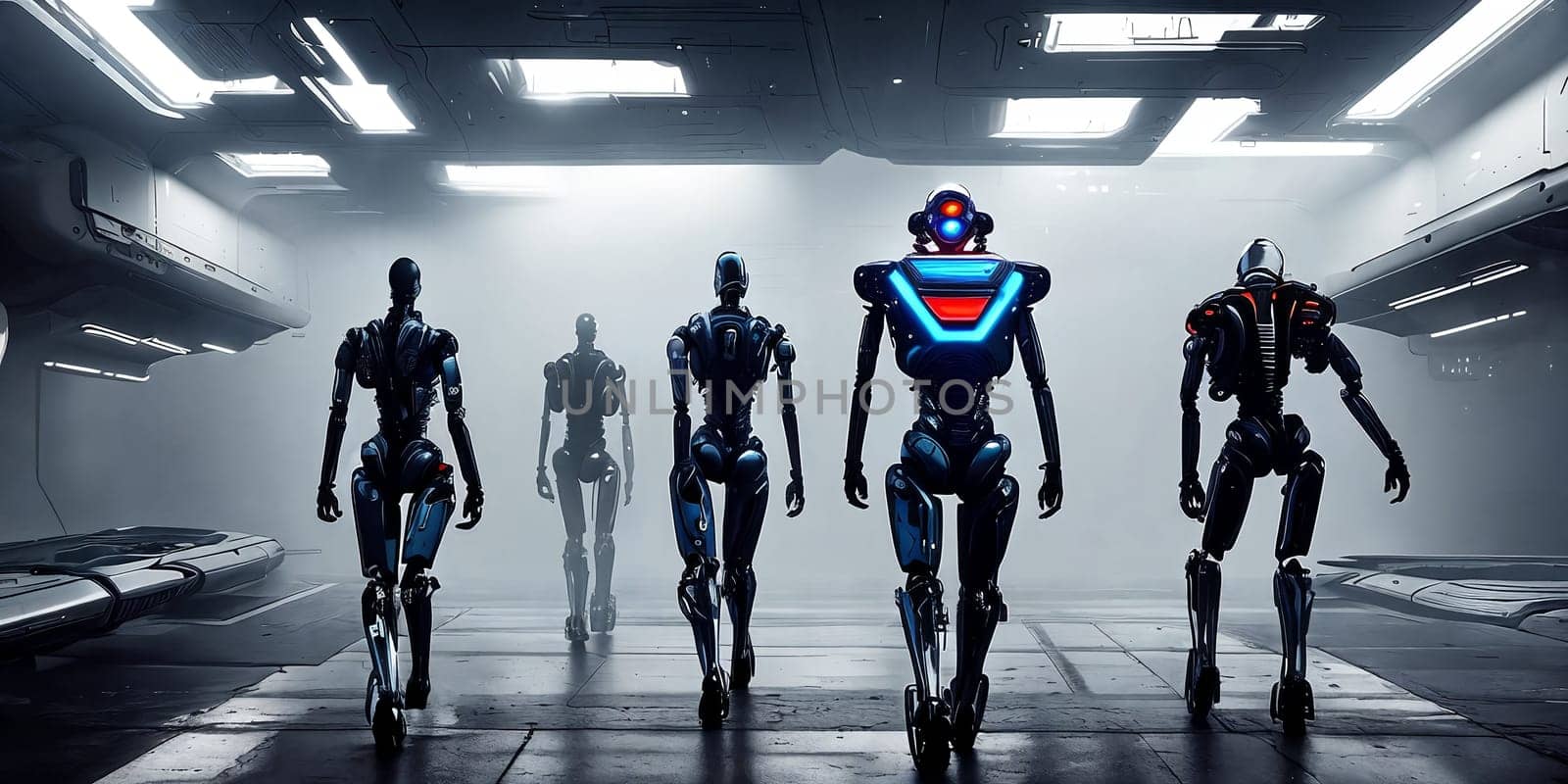 In a futuristic world ruled by AI and robotics, androids, cyborgs, and intelligent machines operate in an automated setting, showcasing advanced technology at its peak.