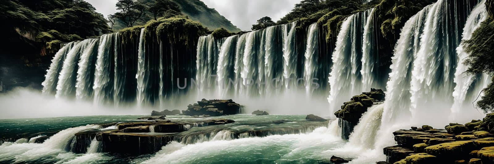 Witness a majestic waterfall plunging down a rocky cliff, displaying the raw power and beauty of nature in a mesmerizing capture