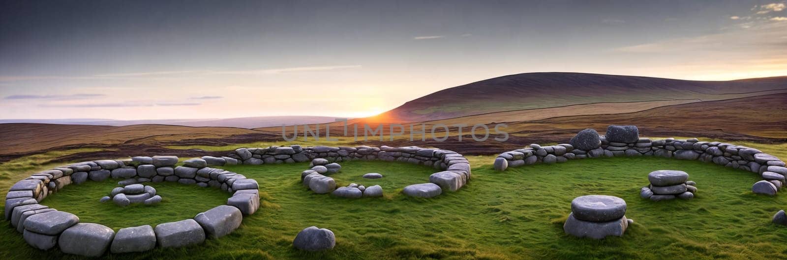 A mysterious and ancient stone circle nestled in a remote moorland, with the setting sun casting long shadows over the weathered monoliths