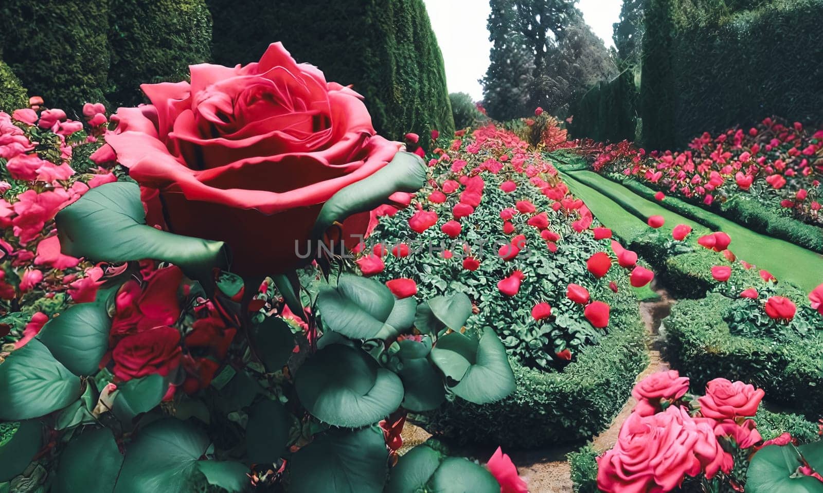 Timeless beauty of a classic rose garden in full bloom. Different angles and perspectives to showcase the rich colors and exquisite petal formations of various rose varieties. Panorama