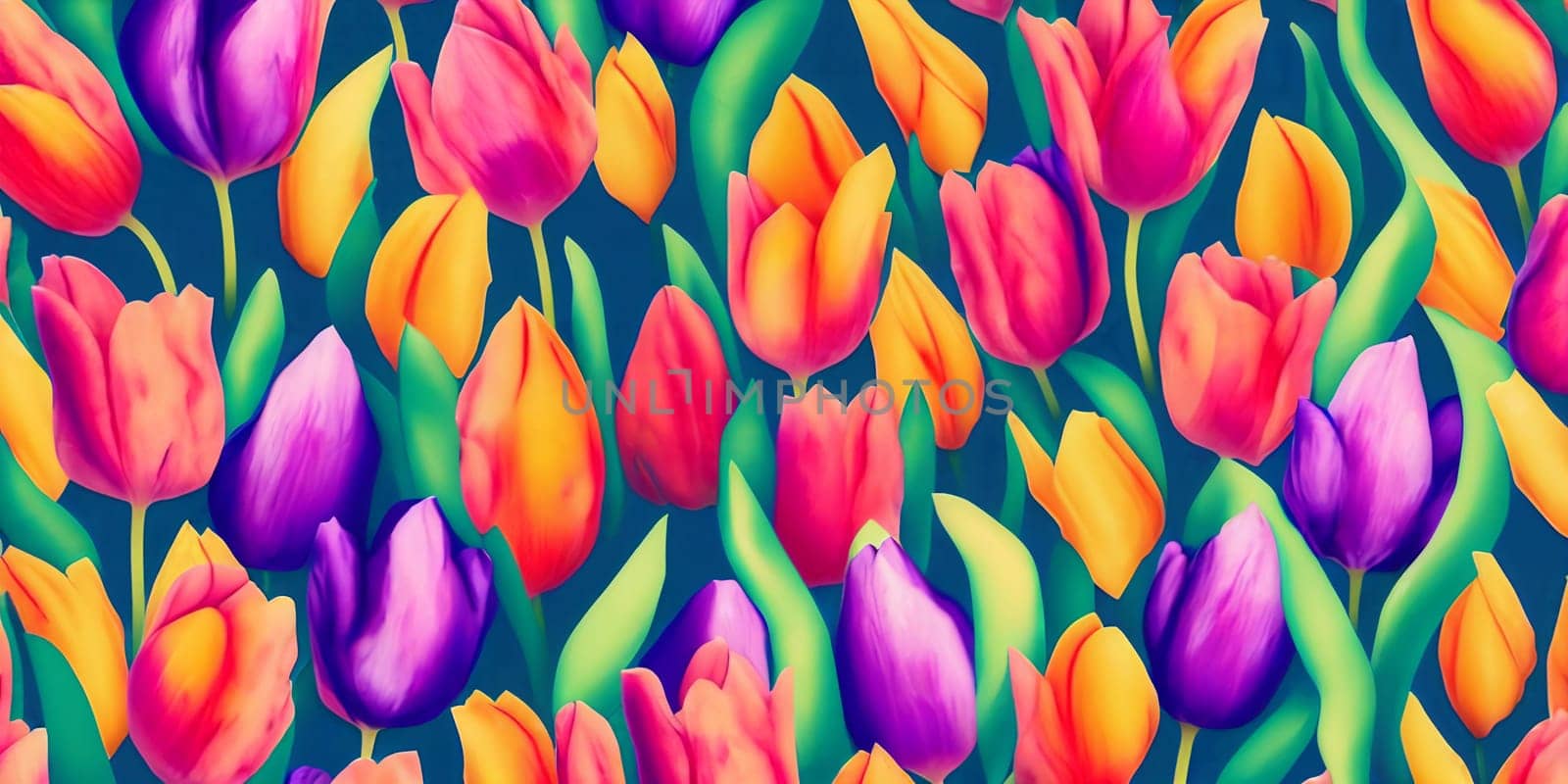 Vibrant spring-themed background featuring a variety of colorful tulips arranged in a visually appealing pattern. Panorama
