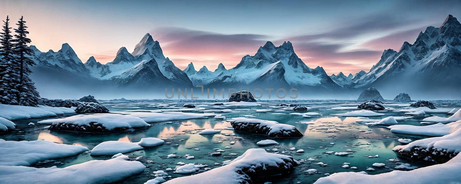 Frozen tundra planet, frigid, icy world with towering glaciers, snow-covered mountains, and icy rivers. Panorama, Generative AI