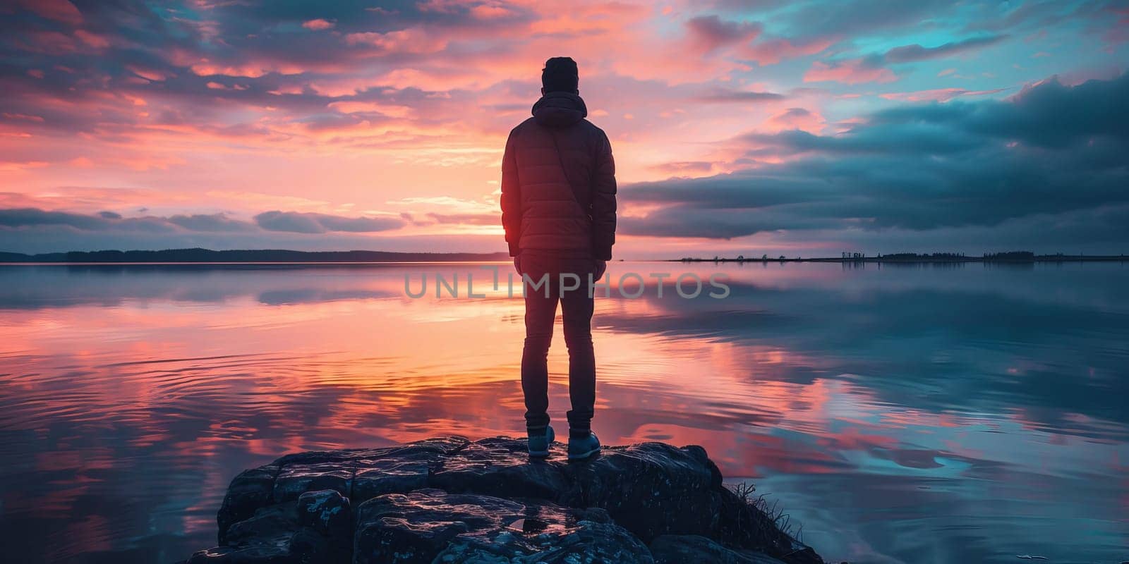 Man stands alone on rock by lake at sunset