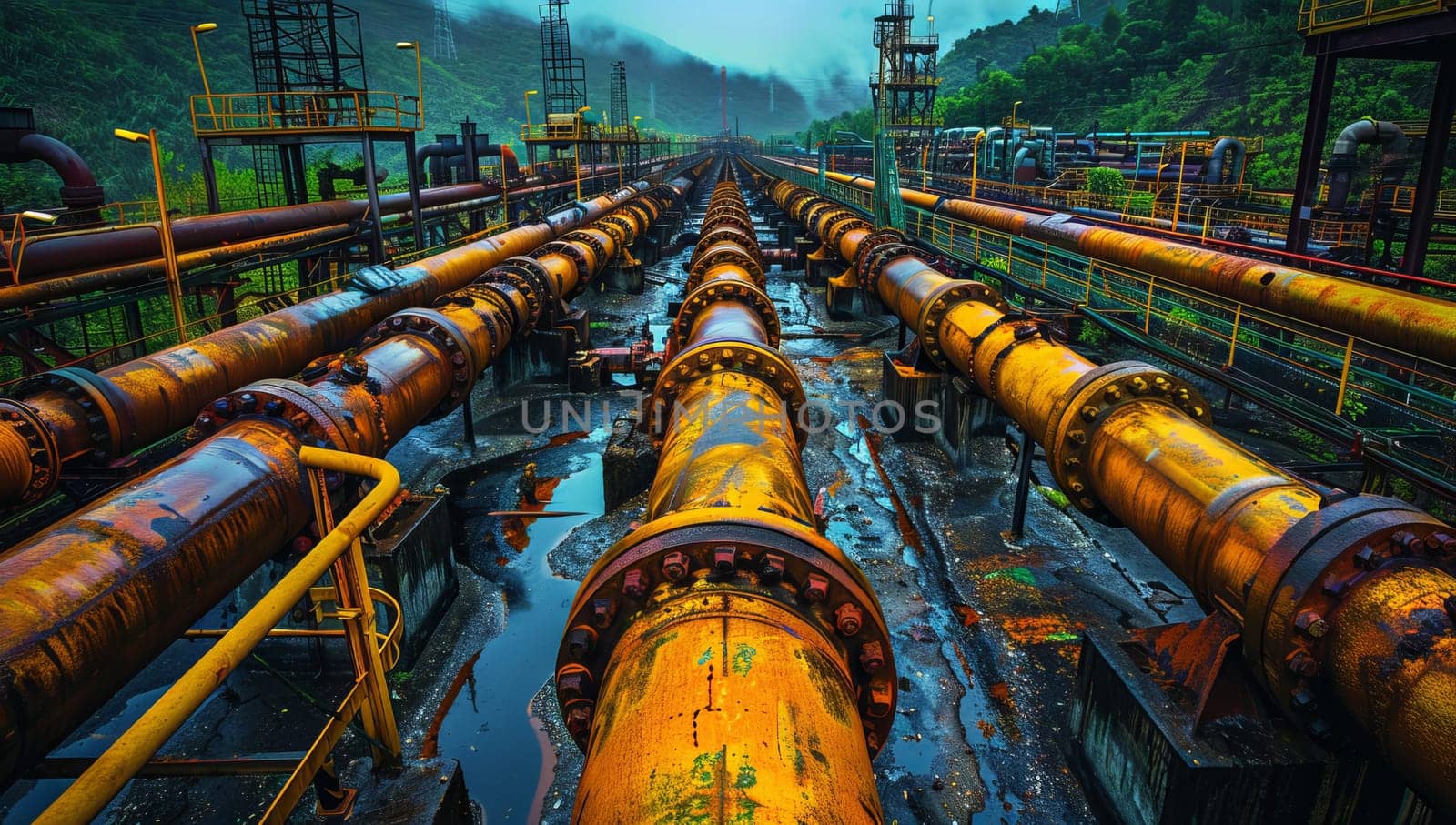 Pipes and valves of a petrochemical plant in the mountains