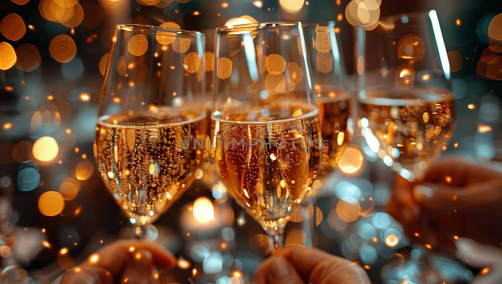 Hands holding champagne glasses celebrating against a sparkling bokeh background