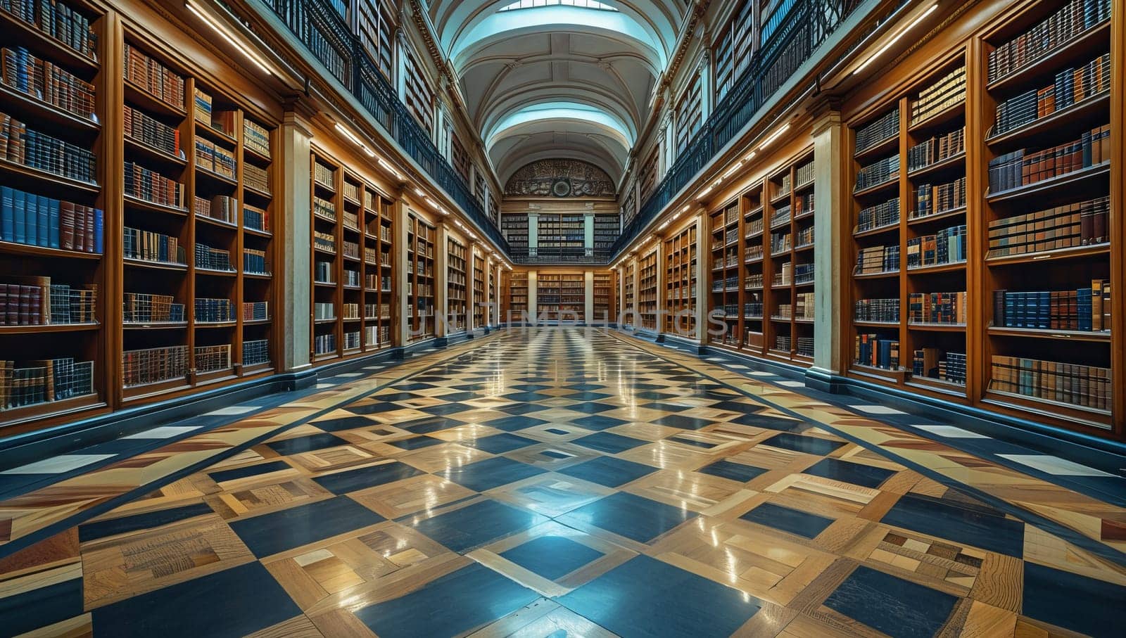 Interior of the library with rows of books.