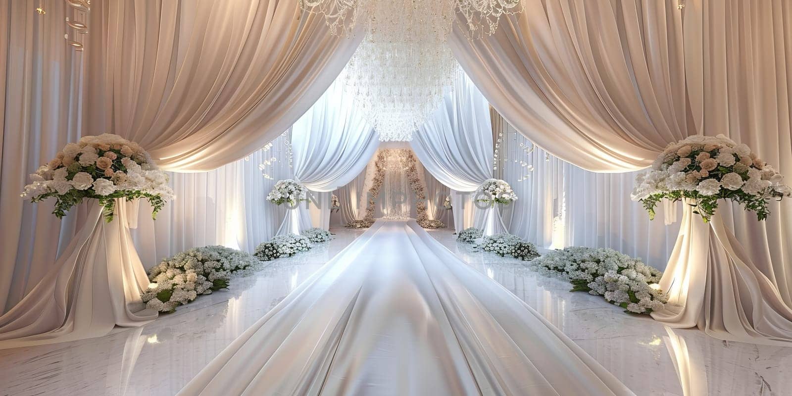 Elegant wedding aisle adorned with white floral arrangements