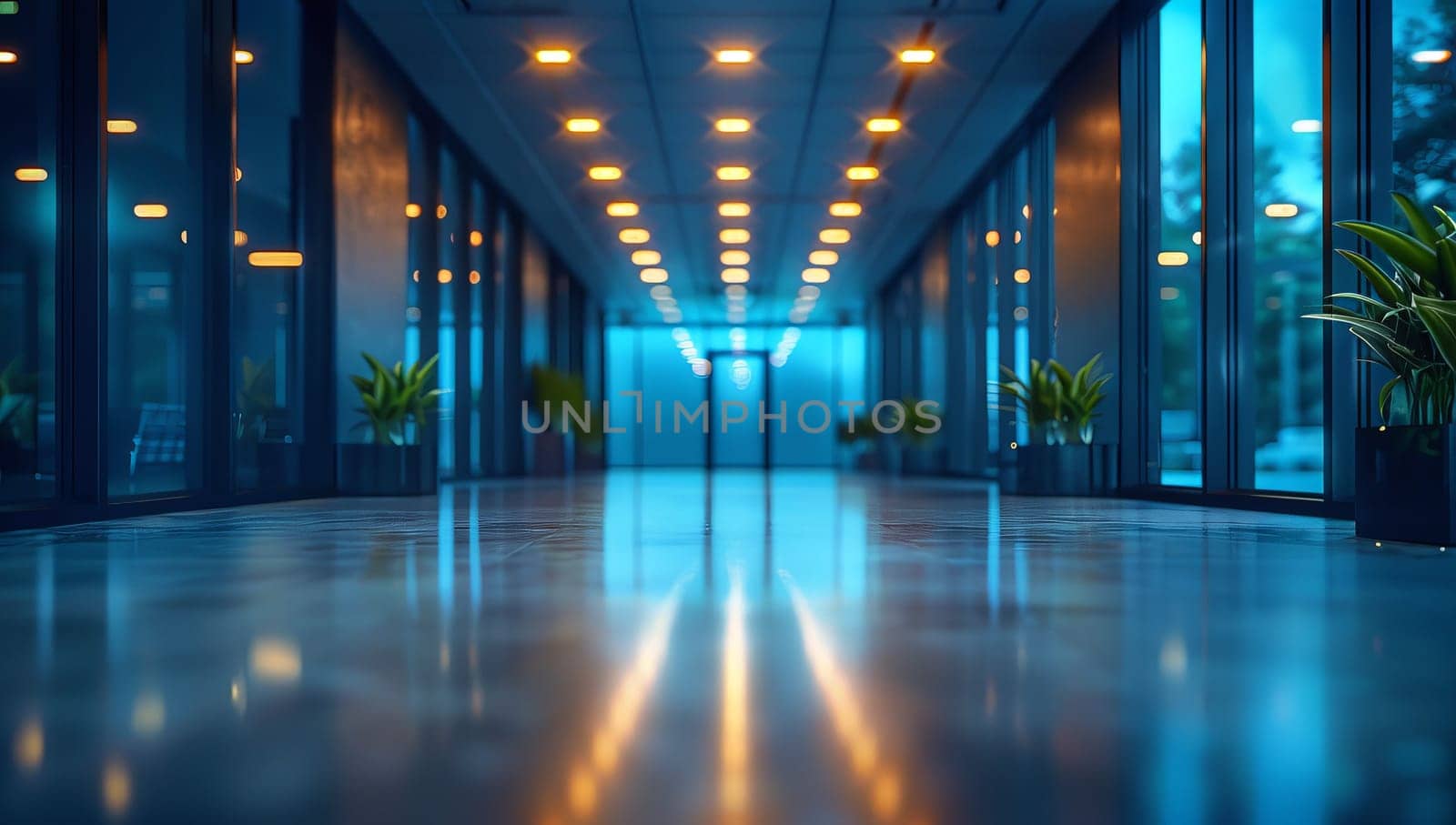 Perspective view of a corridor in a modern office building.