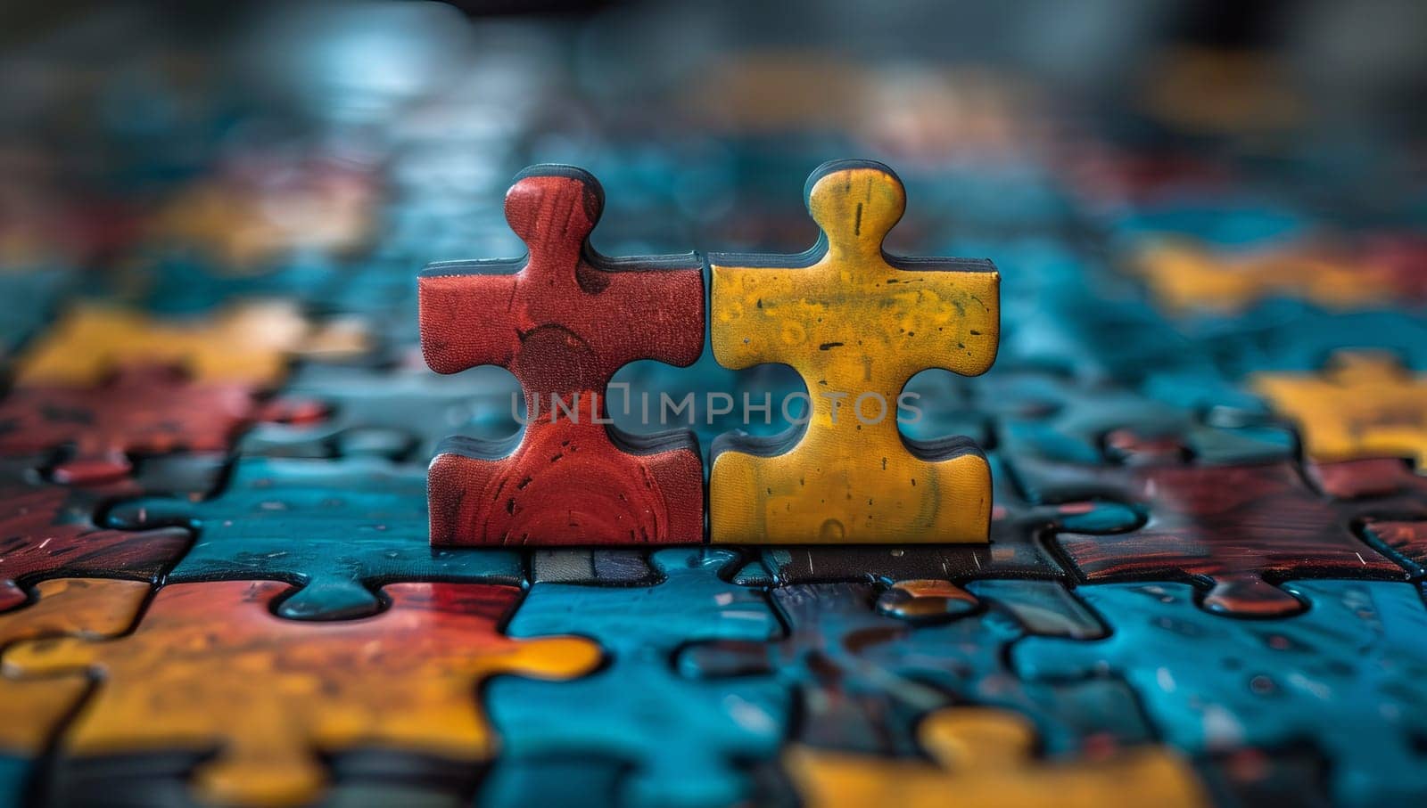 Colorful jigsaw puzzle pieces on wooden background. Close up.