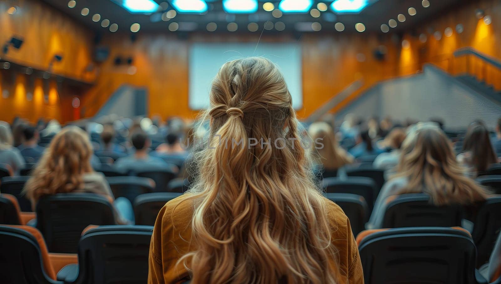 Rear view of woman sitting in front of audience in conference hall