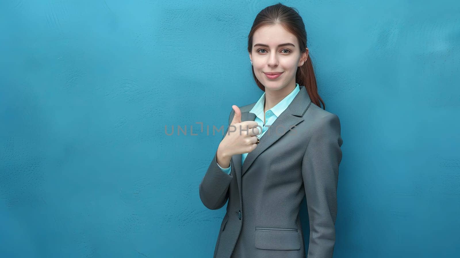 Asian businesswoman shows approval against blue wall