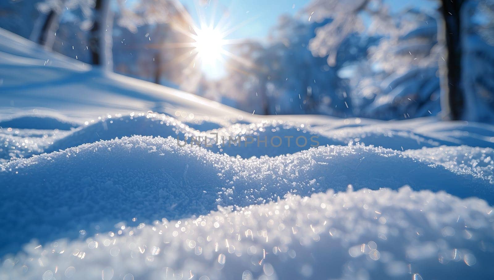 Sun rays shine brightly over pristine snow with trees in the background
