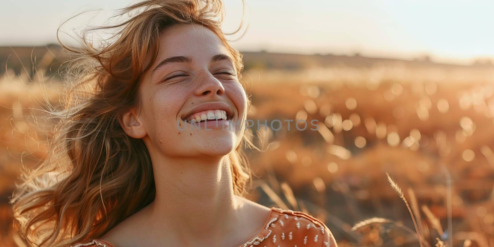 Woman enjoying a sunny day in a golden wheat field