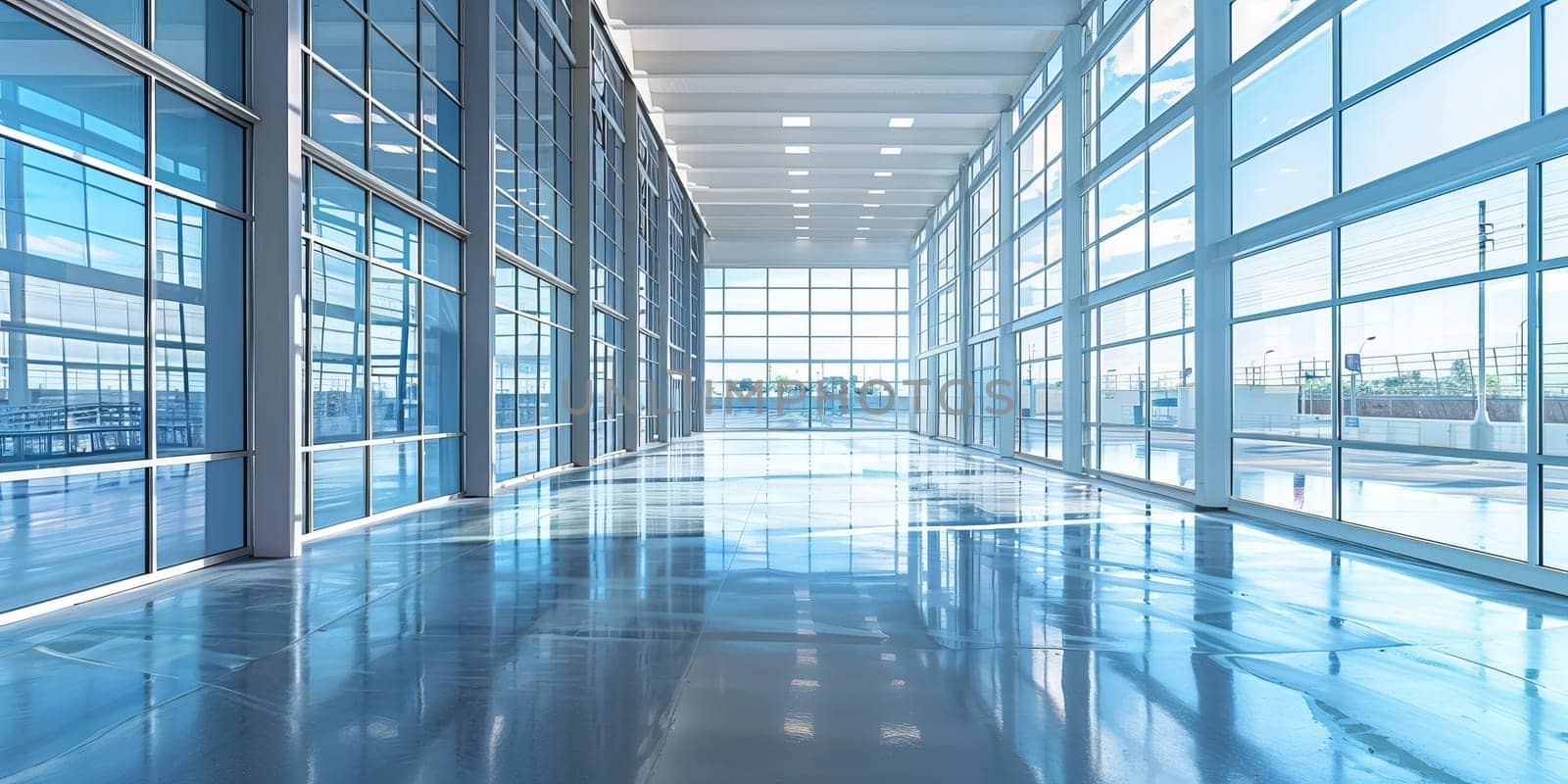 interior of modern office building with glass walls and floor