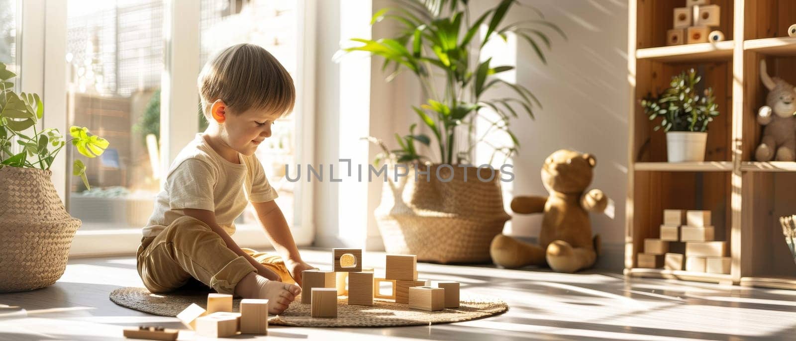 A child sits peacefully on a mat, surrounded by wooden block creations. The warm sunlight and shadow play give the scene a serene and artistic quality