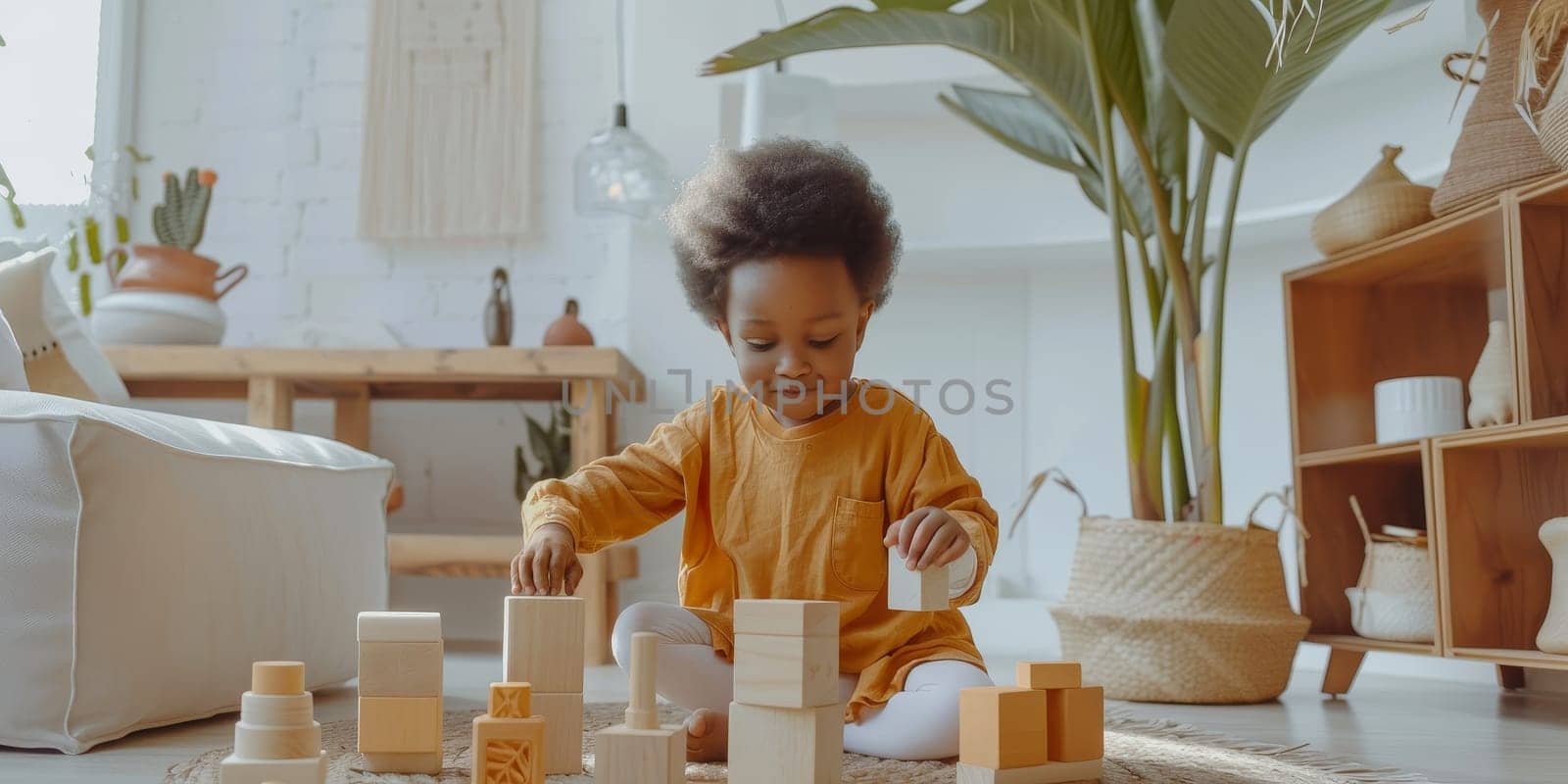 A toddler in a bright orange shirt is fully absorbed in playing with wooden blocks, in a room that radiates warmth and simplicity. The scene is a testament to the joy of simple play