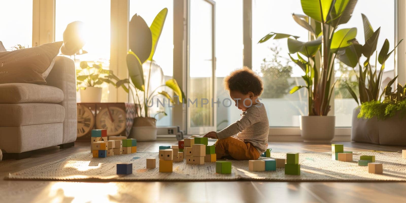 A young child plays thoughtfully with blocks on a rug, surrounded by lush indoor plants bathed in sunlight. The scene is a blend of nature and play in a serene home setting