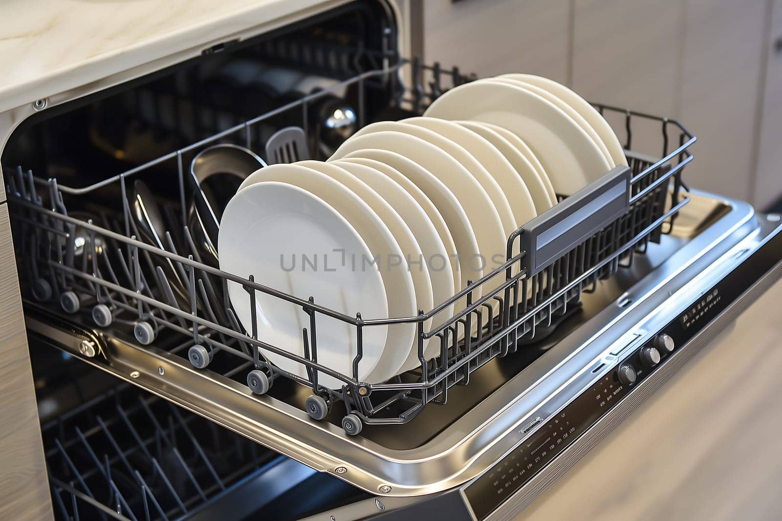 A dishwasher with many plates and silverware in it. Neural network generated image. Not based on any actual scene or pattern.