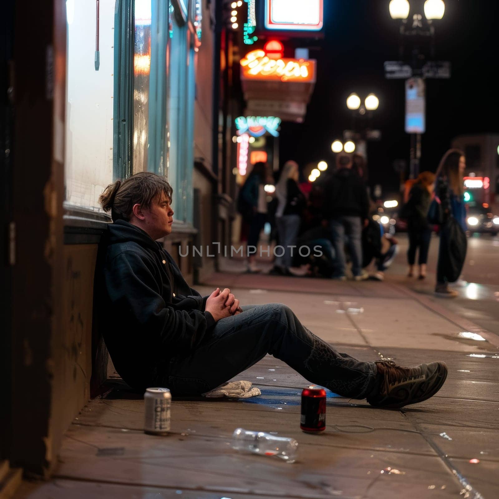 A lone man sits on an urban sidewalk, a picture of desolation amidst city lights. His contemplative gaze suggests a story untold, set against the night's ambience