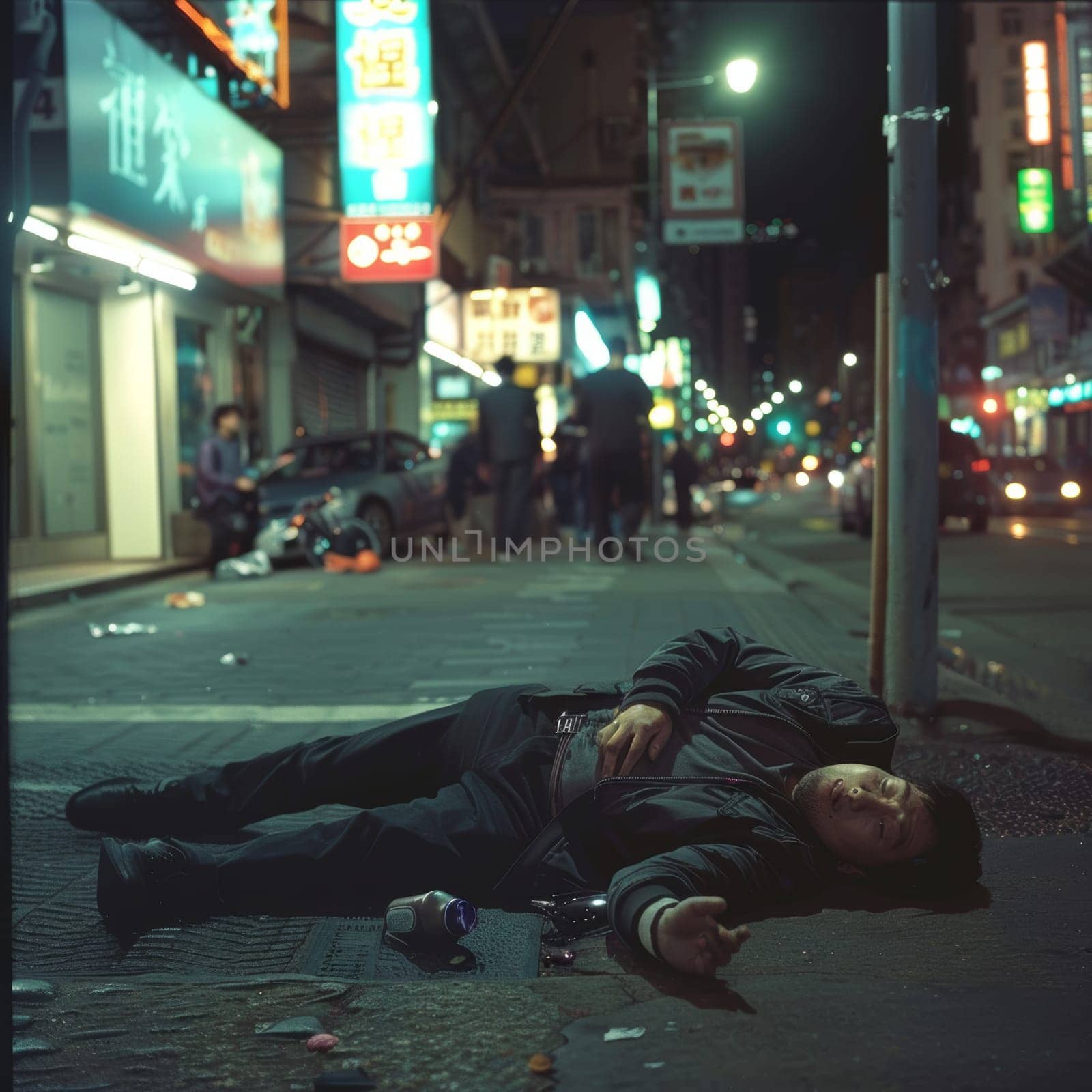 A man lies on the street at night, surrounded by the city's indifference. The harsh reality of urban life contrasts with the neon glow in the background