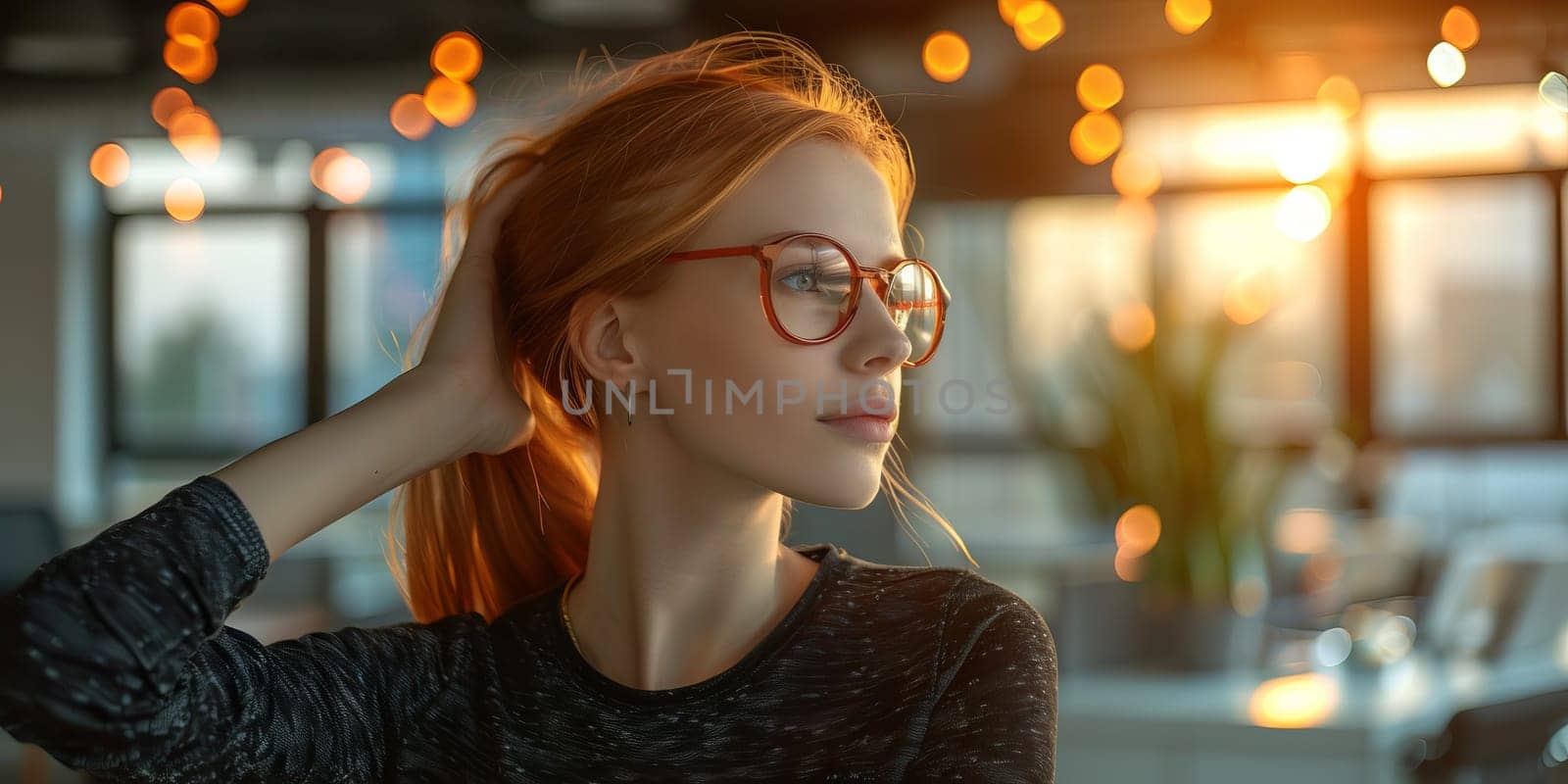 Woman with red hair enjoying sunset in a modern cafe