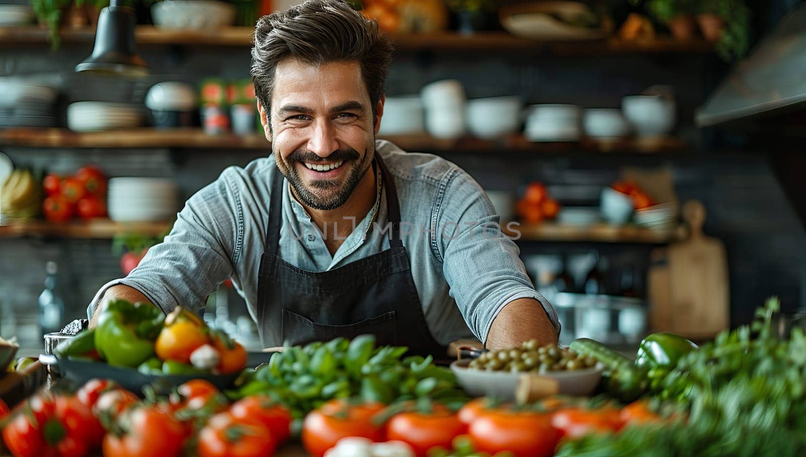 Portrait of smiling man in apron standing in kitchen with vegetables