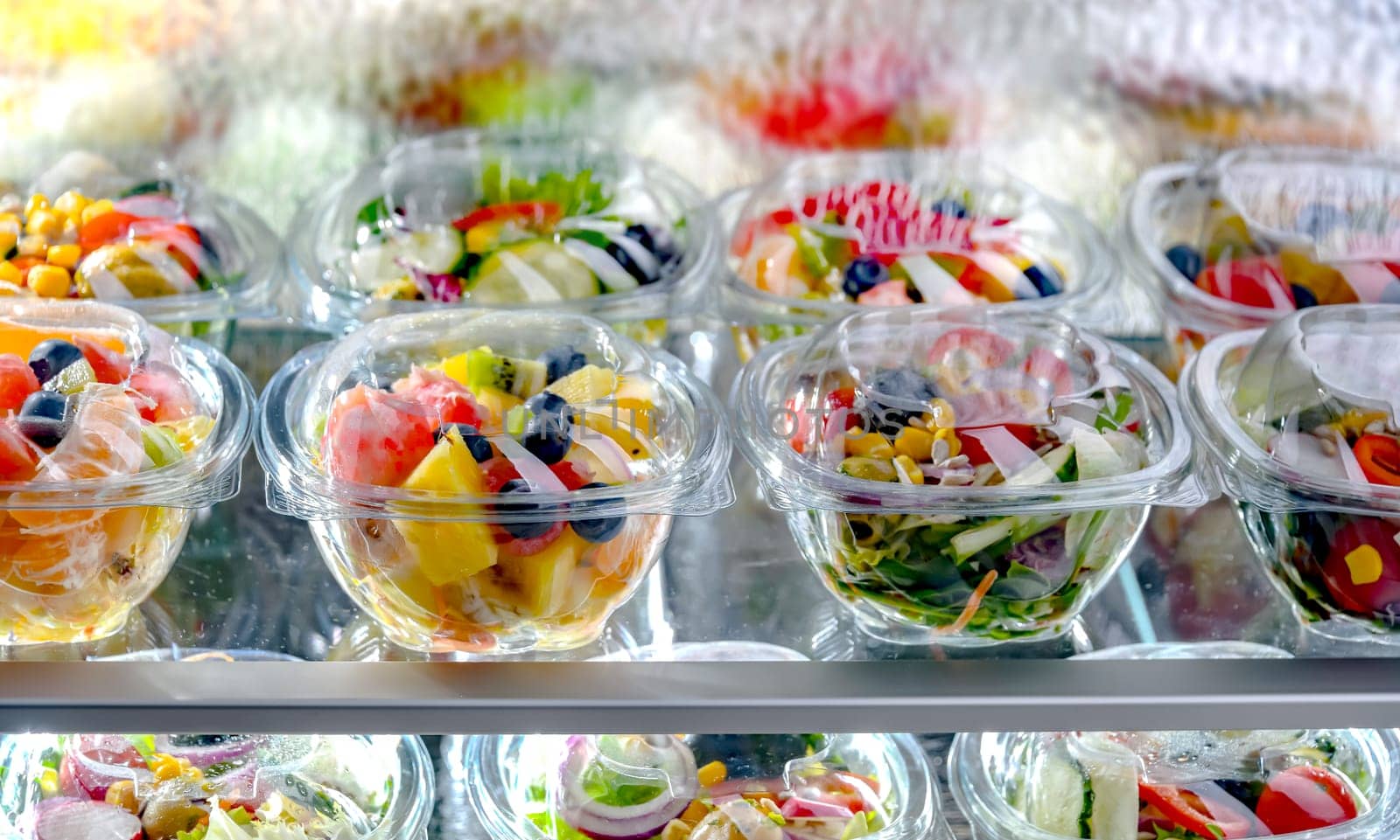 Plastic boxes with pre-packaged fruit and vegetable salads, put up for sale in a commercial refrigerator