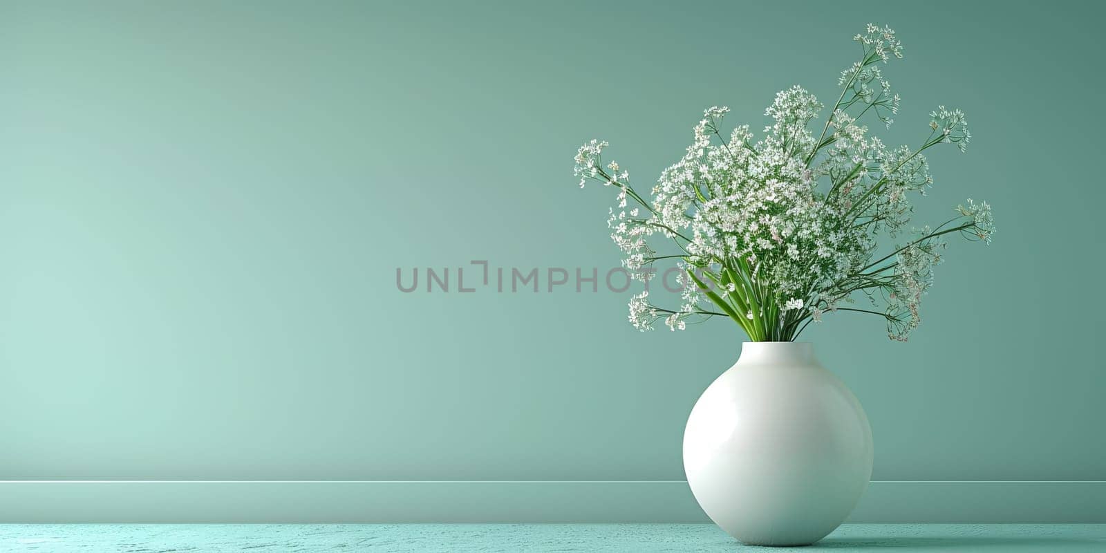 Gypsophila flowers in white vase against green wall
